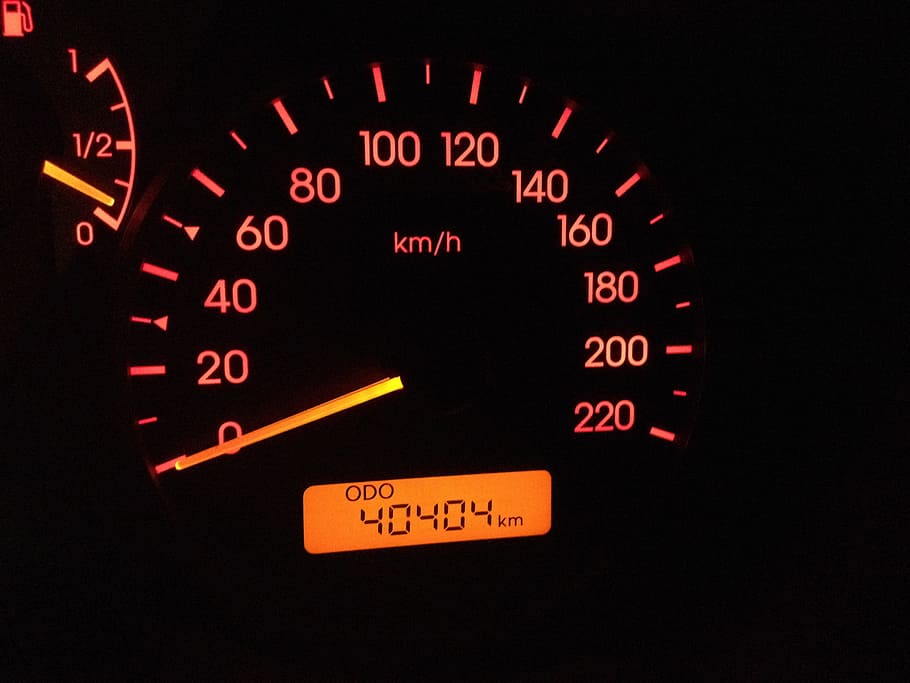 black, vehicle instrument cluster panel, displaying, 40404 km, Odometer, Car, Dashboard, Km H, Zero, numbers