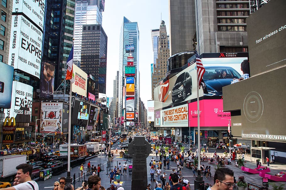 New york, time square, tanda neon, pusat, pencakar langit, refleksi, Perkotaan, Tinggi, pariwisata, Amerika Serikat