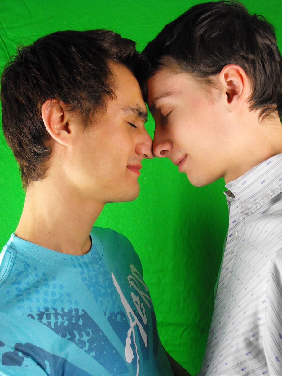 two, men, wearing, white, blue, shirts, gay couple, love, young men, people