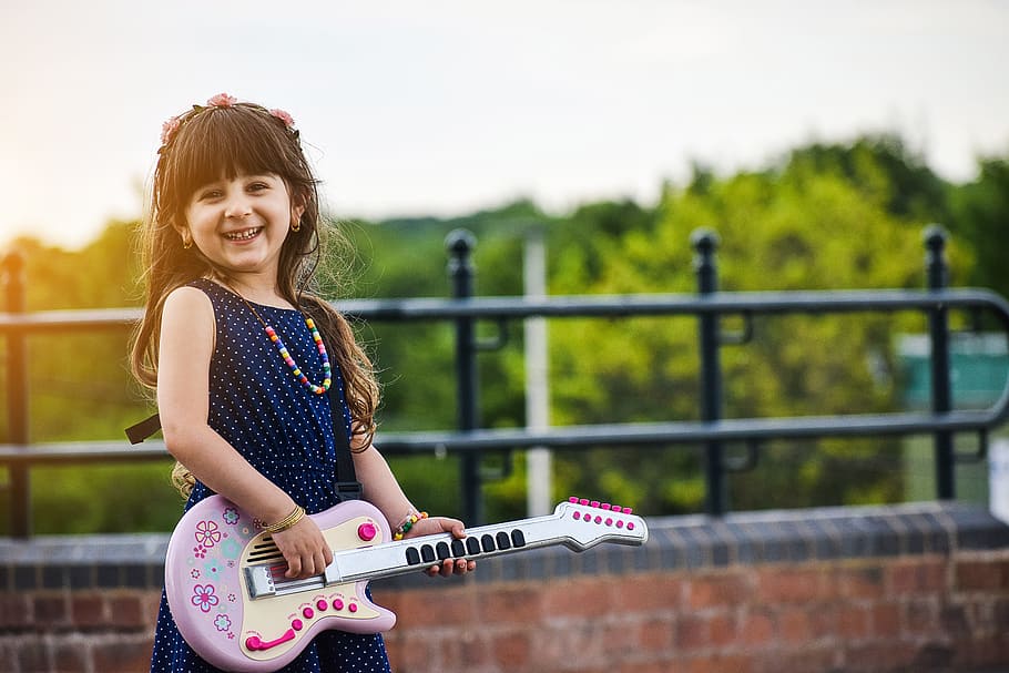 girl, playing, white, guitar, happy, fun, kids, musician, electric, smiling