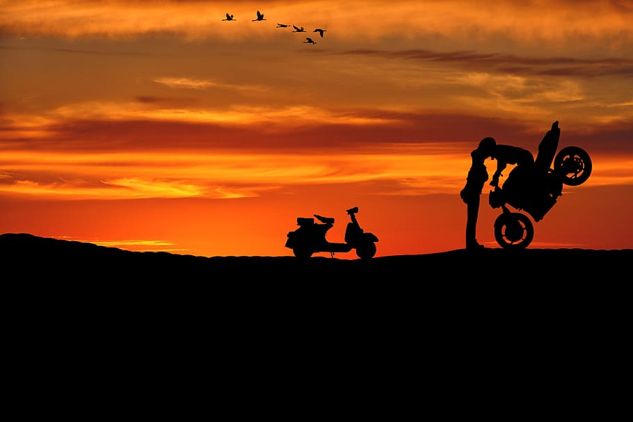 man, riding, motorcycle, kissing, girl silhouette, couple, stoppie, sportbike, moped, sunset