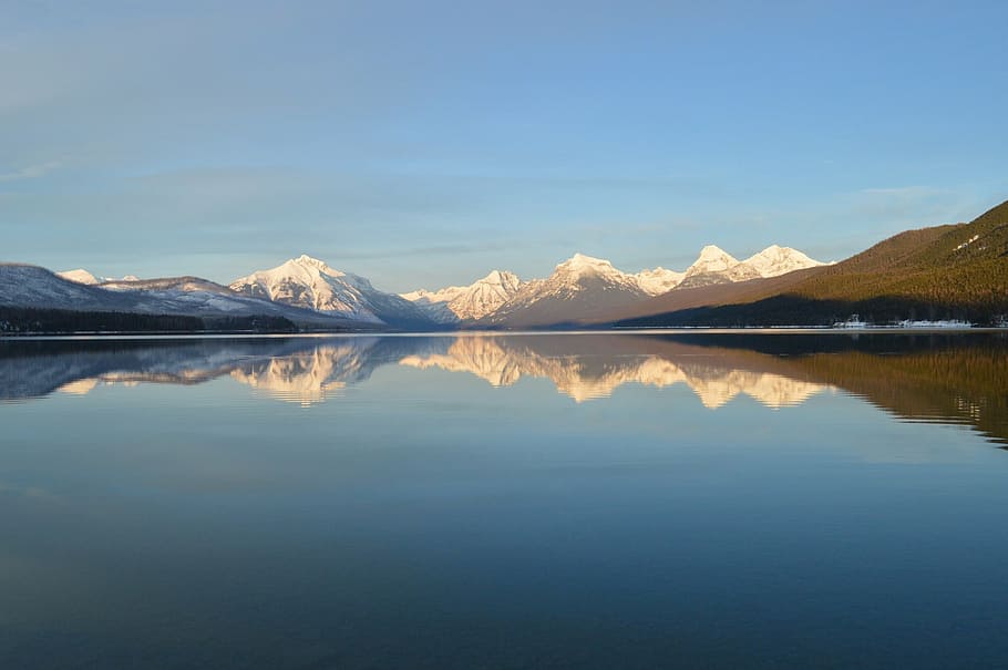 mountain, covered, snow, reflected, body, water, clear, sky, daytime, lake mcdonald