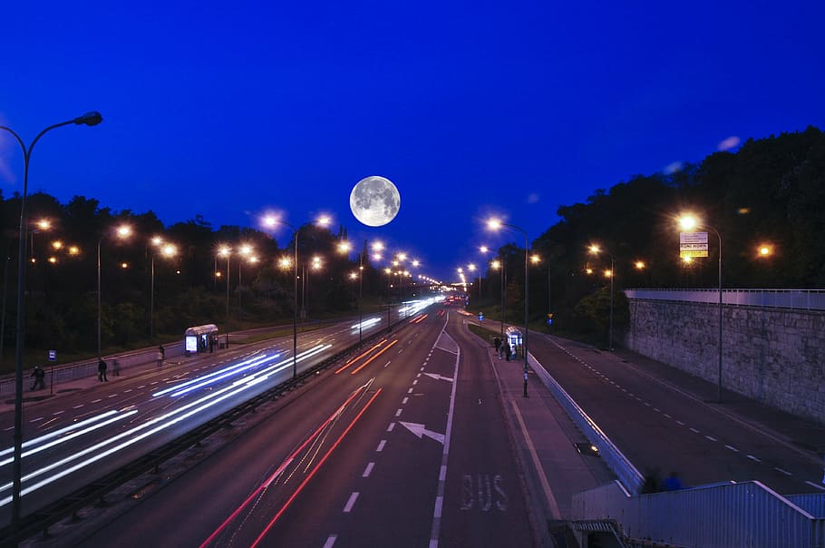 vehicles, road, nighttime, route time, street, evening, light, long exposure, warsaw, moon