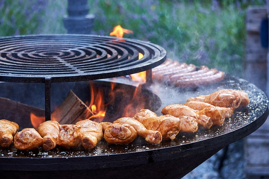 frango, ave, coxa, grelha, churrasco, carne, quente, lareira, tigela de fogo, verão