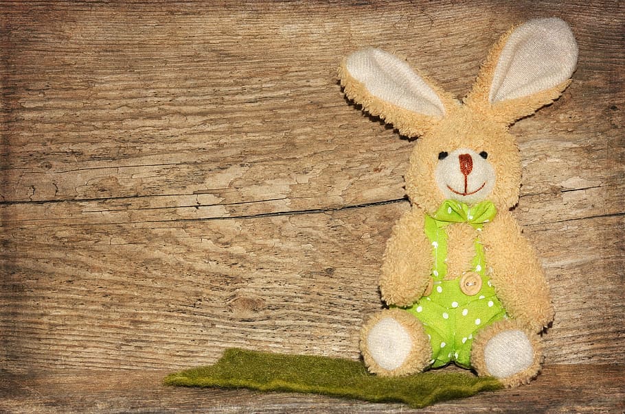 brown, bunny, wearing, green, overalls, plush, toy, wood, fabric bunny, easter bunny