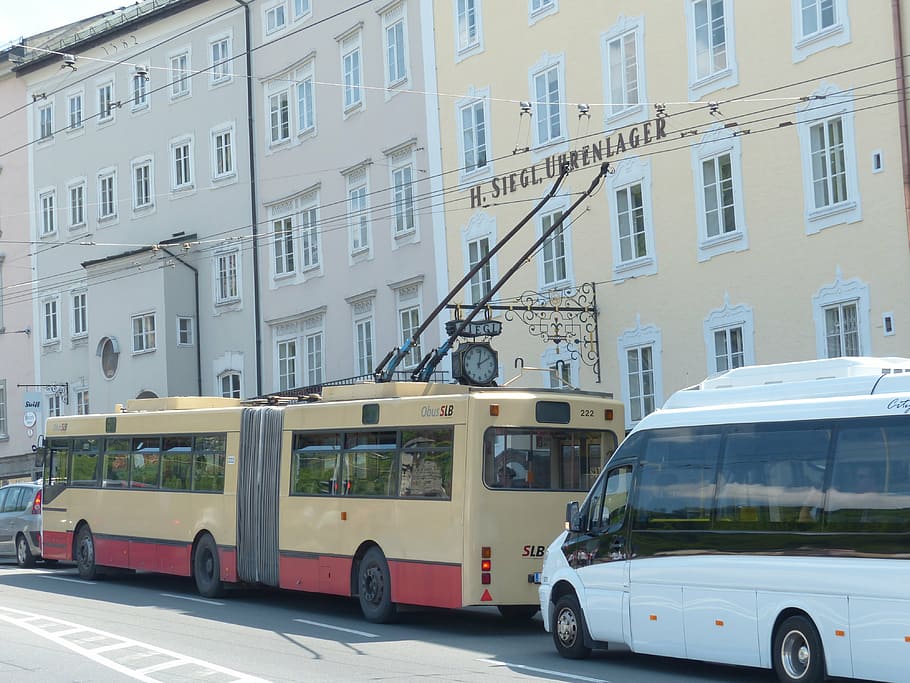 beige, red, bus, painted, building, trolley bus, traffic, road, vehicle, oberleitungsomnibus