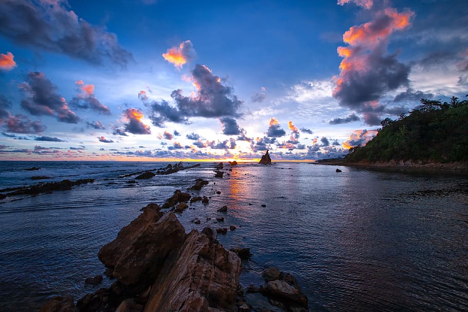 sunset, the indian ocean, coast, reef, cloud, sour golden coast, java island, indonesia, water, sky
