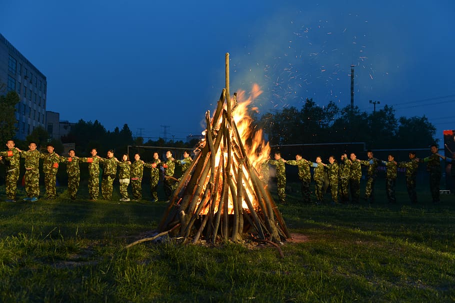the bonfire, camping, celebrations, military, group of people, crowd, plant, nature, grass, burning