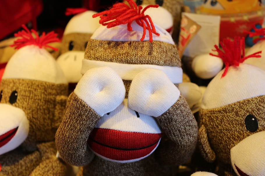 sock monkey lot, stuffed animal, monkey, toy, stuffed, childhood, cartoon, fun, character, sock