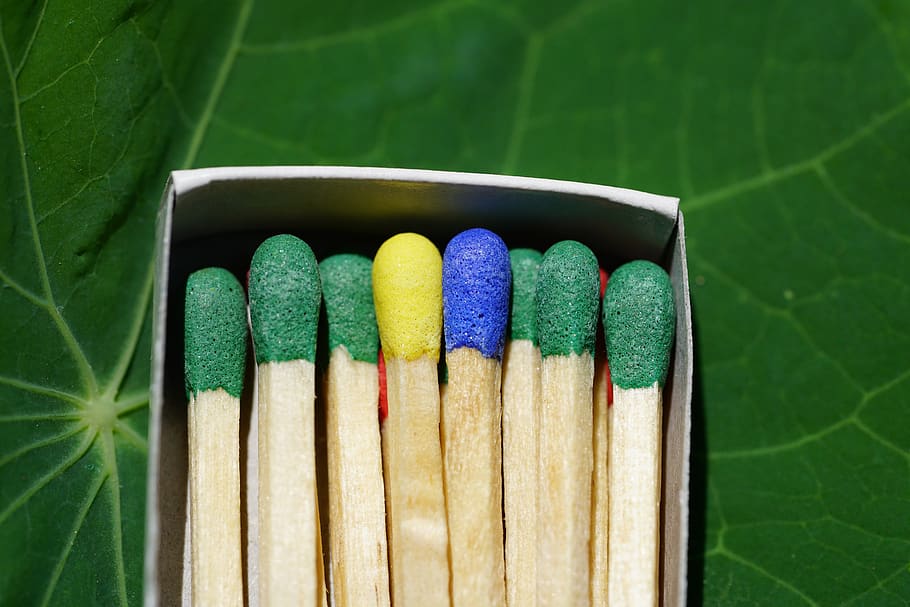 matches, fire, match, sulfur, match head, green color, close-up, multi colored, matchstick, plant part