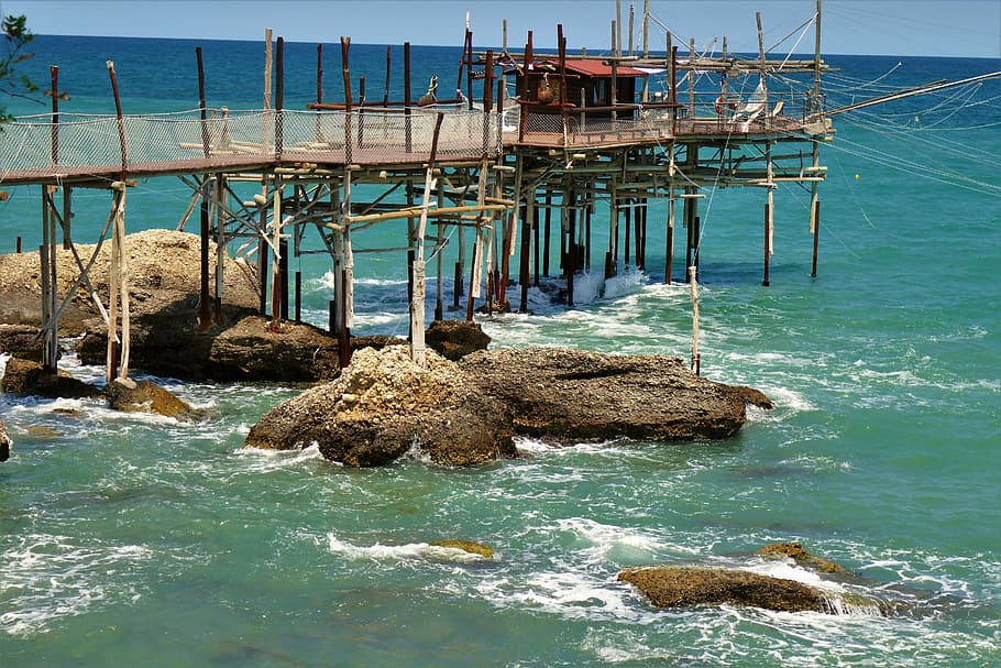 fisherman's hut, web, sea, water, boardwalk, by the sea, bridge, wooden boards, sky, coast