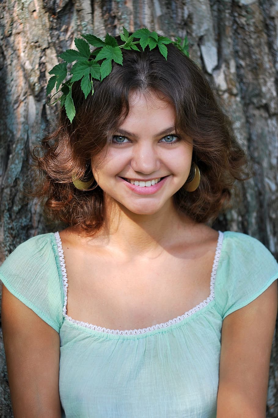 woman, wearing, green, leaf headdress, nymph, forest, nature, elf, beautiful, girl