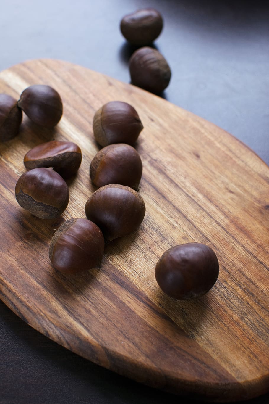 chestnuts, wooden board, food, wood - material, food and drink, table, brown, still life, high angle view, indoors