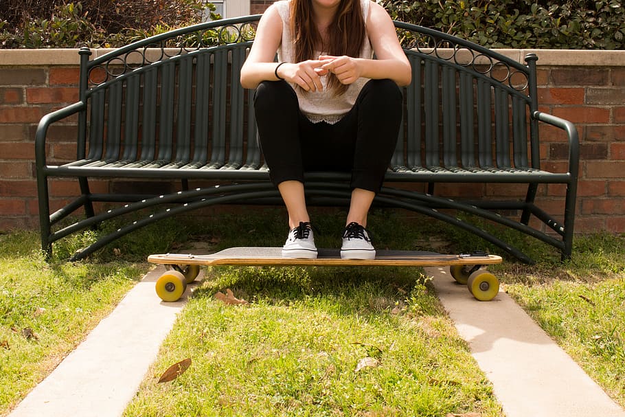 woman, sitting, bench, feet, resting, longboard, metal, skateboard, steel, people