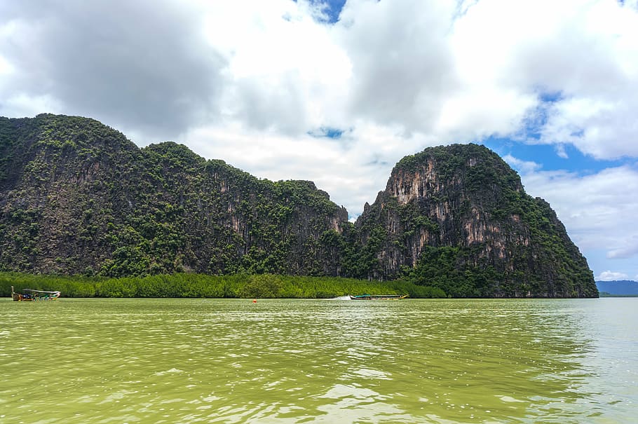natural, paisaje, montaña, acantilado de piedra caliza, roca, océano, mar, viajar, lugar famoso, bahía de Phang Nga
