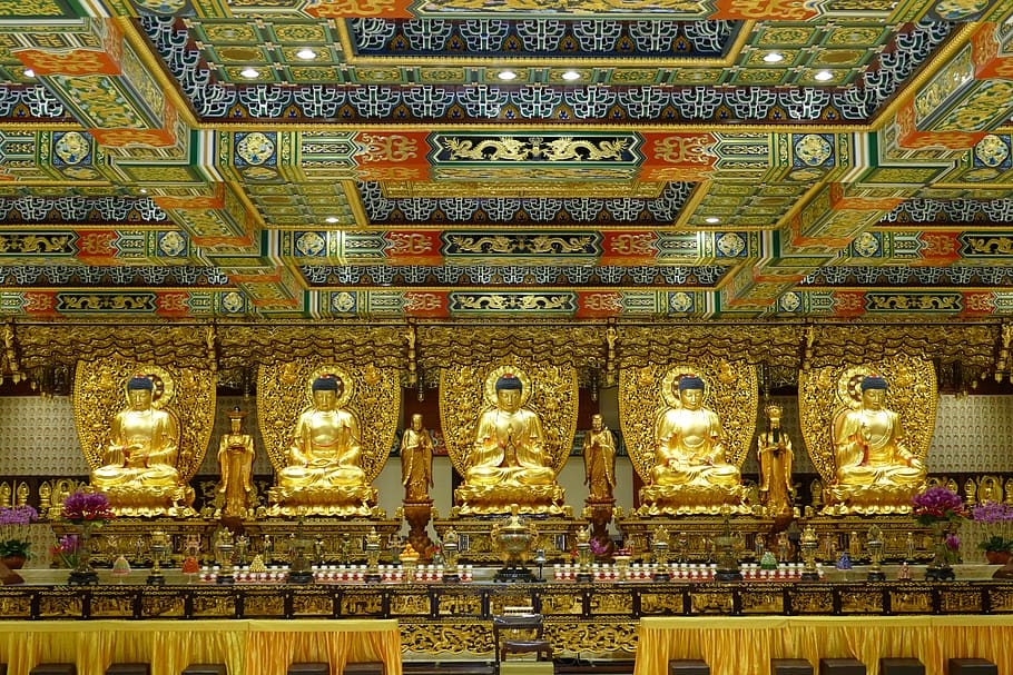 templo, hong kong, ásia, religião, arquitetura, budismo, figura, escultura, divindade, dourado