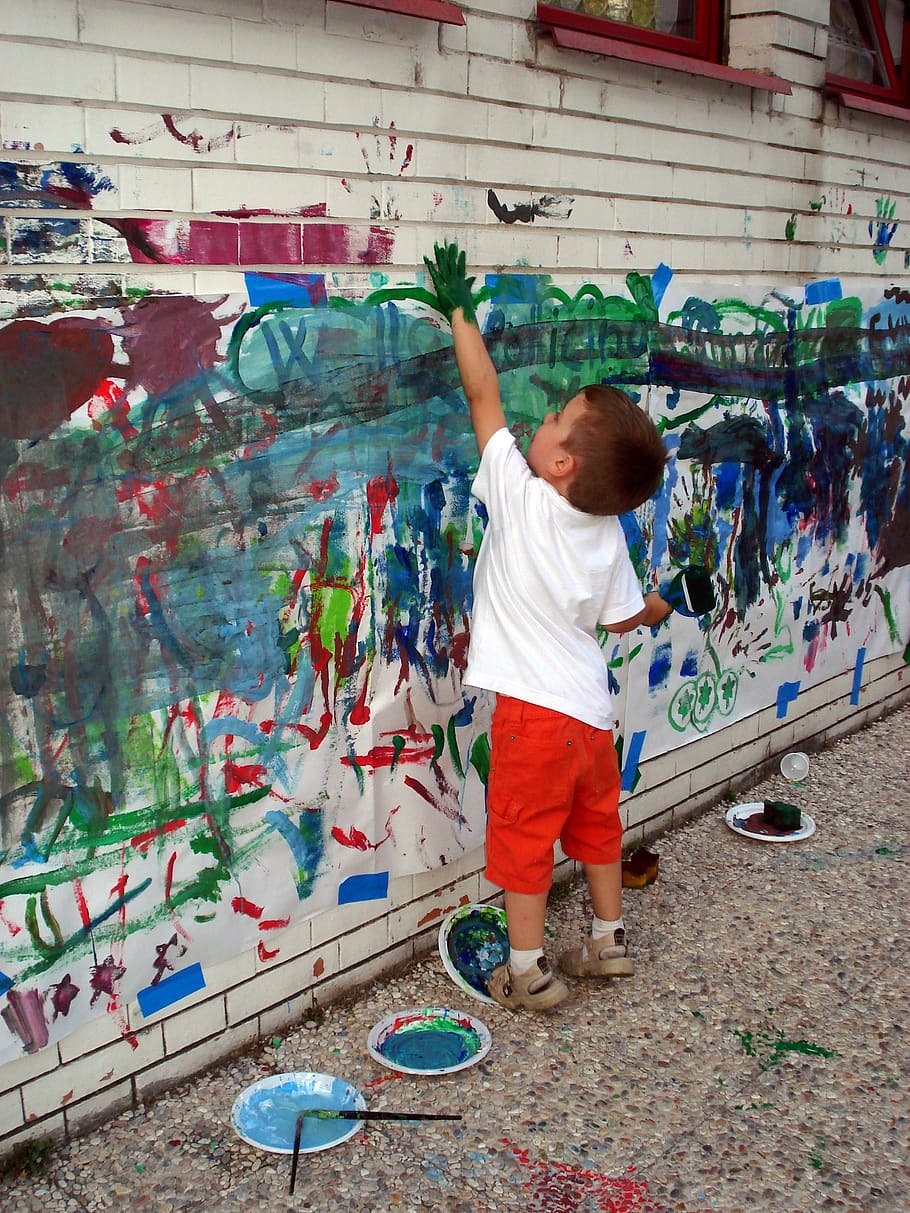 child, painting, hands, murals, colors, wall, paint, drawing, childhood, full length