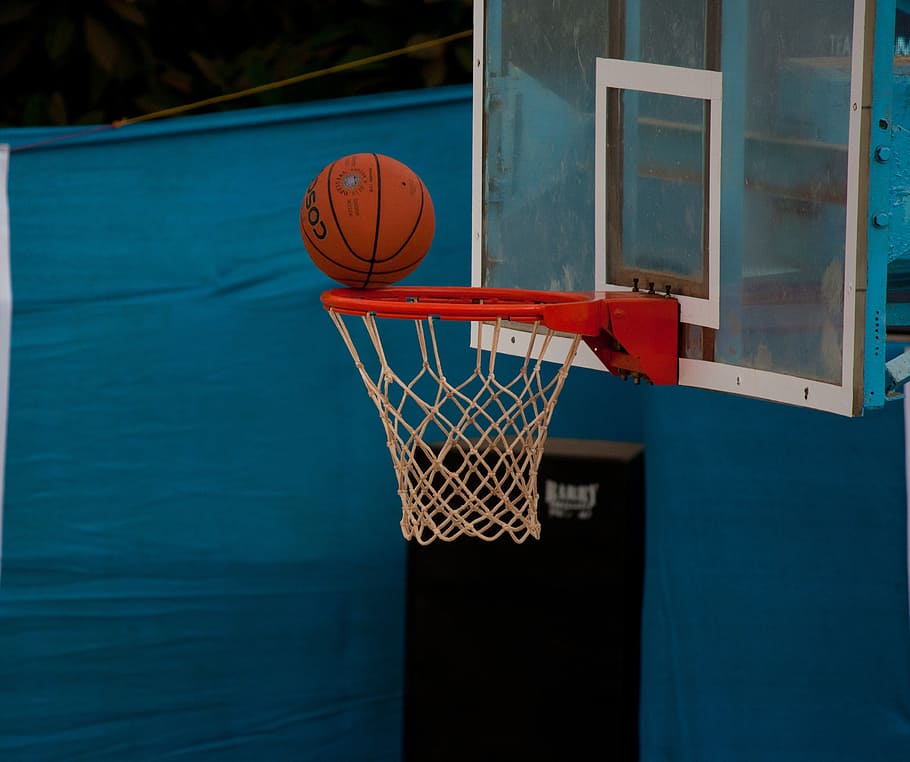 basketball on hoop, basketball, net, ball, ring, balanced, game, sports, court, sport