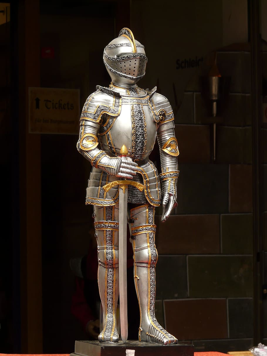 patung ksatria perak, memegang, pedang, ksatria perak, patung, ksatria, baju besi, ritterruestung, tua, abad pertengahan