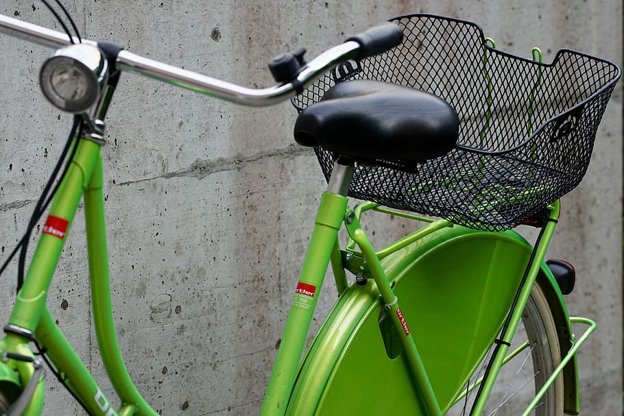 verde, bicicleta passo a passo, parede, roda, bicicleta, sela, carrinho de compras, compras, montar, ambientalmente amigável