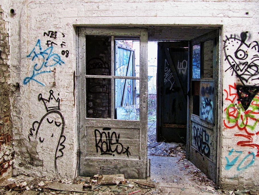 opened, black, wooden, half-lite door, factory, building, old, lapsed, hauswand, door