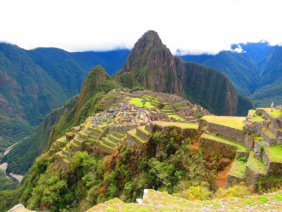 rice terraces, top, mountain, surrounded, valley, machu picchu, peru, landscape, vista, scenics - nature