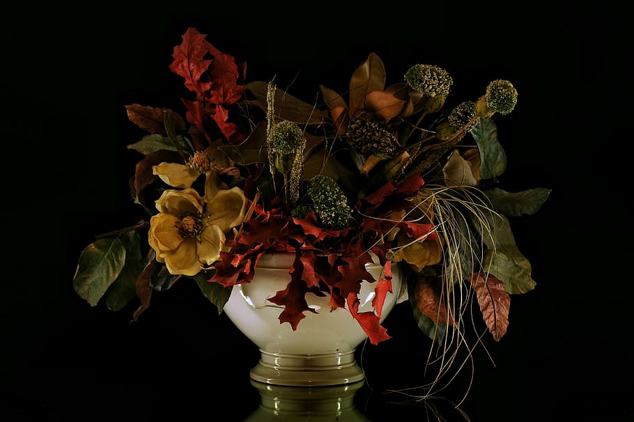 yellow, red, faux, flower arrangement, white, ceramic, vase, flowers, rose, petals