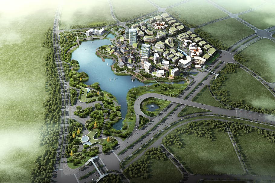 landscape photography, top, view, city buildings, ecology, creative, science and technology park, 3d, visualization, map