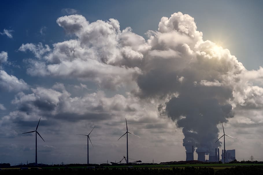 power plant, brown coal, windräder, industry, environment, contrast, current, energy, clouds, factory