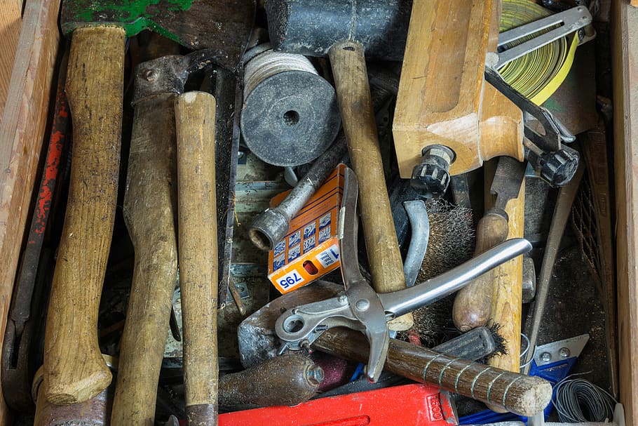 tool, hammer, axe, planer, pliers, workshop craft, work bench, cord, wire brush, work