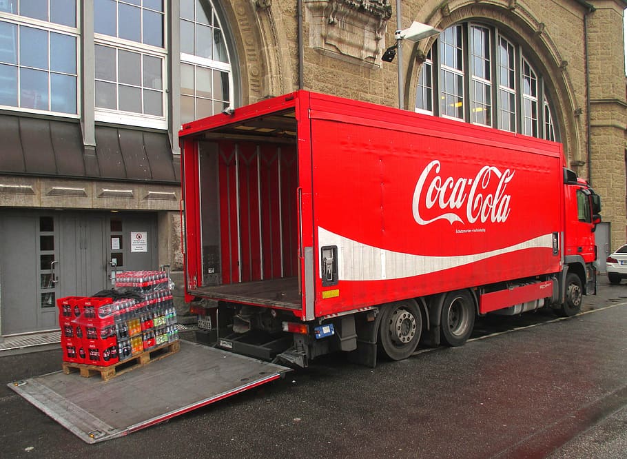 coca cola, cola, drink, transport, truck, red, anlierung, vans, trademarks, lemonade