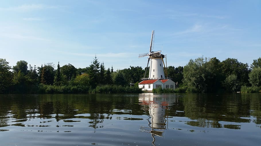 Mill, Rotten, Revier, Rotterdam, reflection, water, waterfront, lake, sky, tree