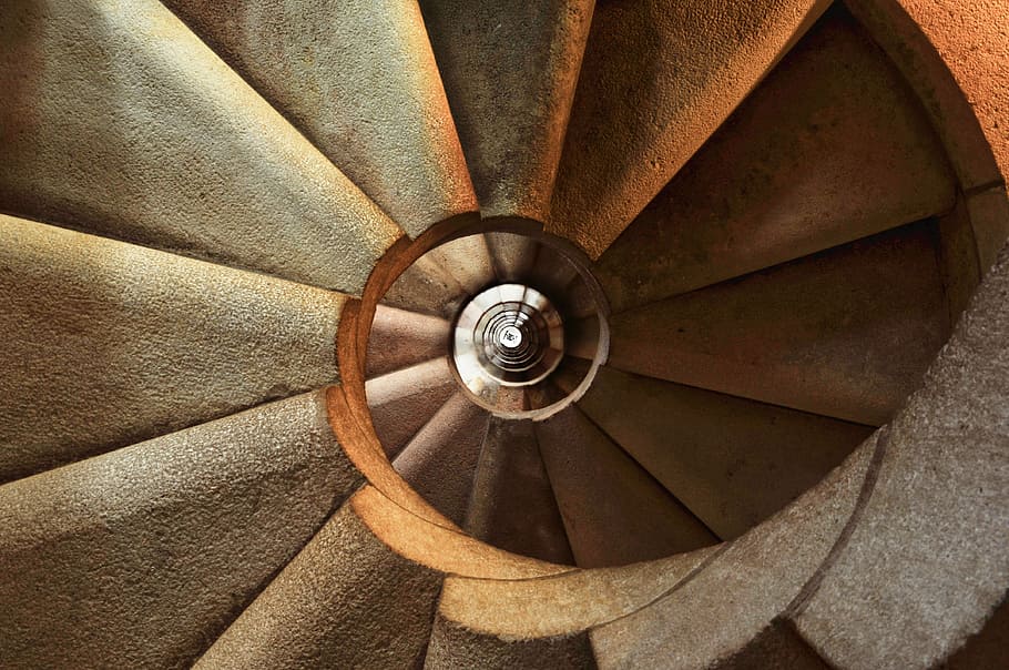 fotografia, marrom, escada em espiral, escada, espiral, arquitetura, interior, construção, etapas, hélice
