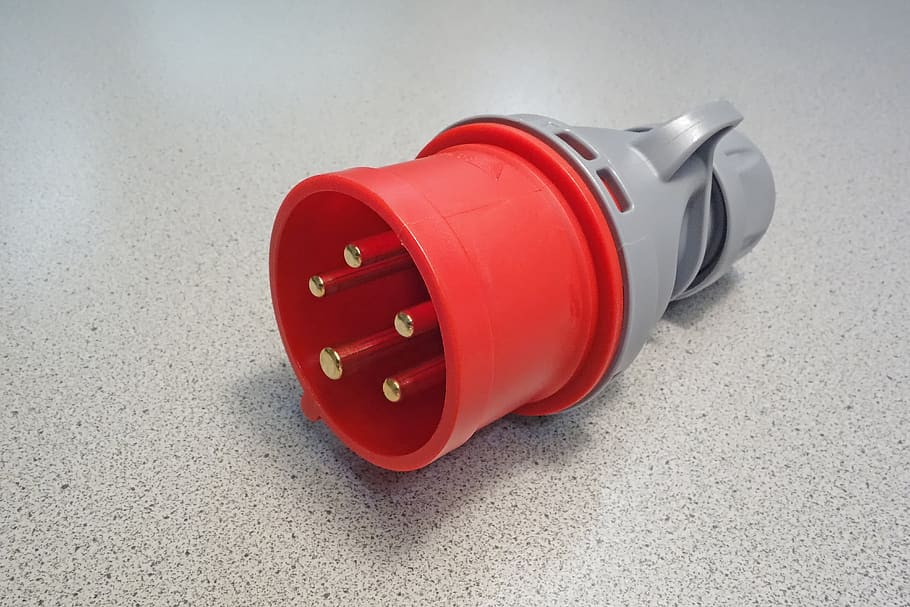plug, elektrik, current, energy, connection, power, three-phase, cekon, red, fire extinguisher