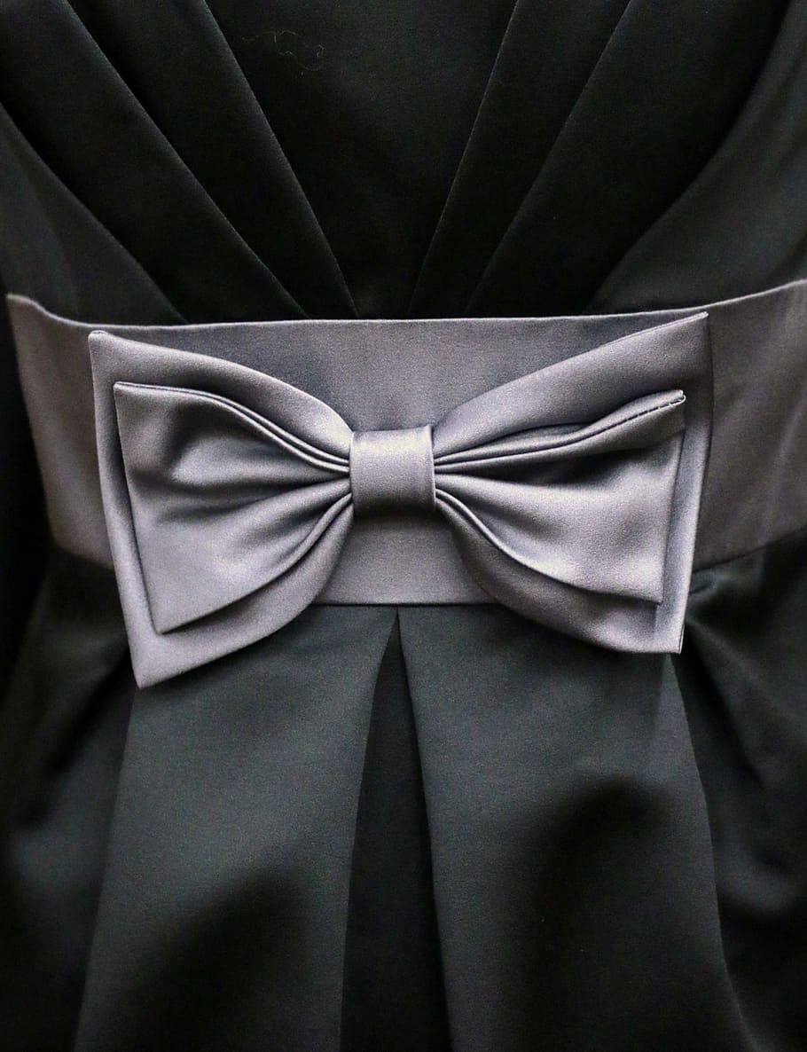black ribbon, satin, bow, fashion, couture, dress, knot, pleated, pleats, textile