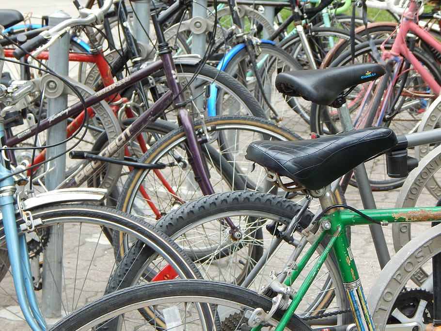 bicicletas, rodas, ciclo, andar de bicicleta, atividade, engrenagem, transporte, estacionado, saudável, estilo de vida