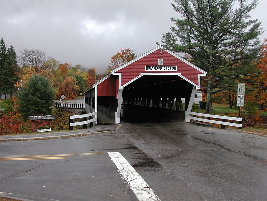new hampshire, covered bridge, jackson, red, road, trees, fall colors, fall, autumn, wooden