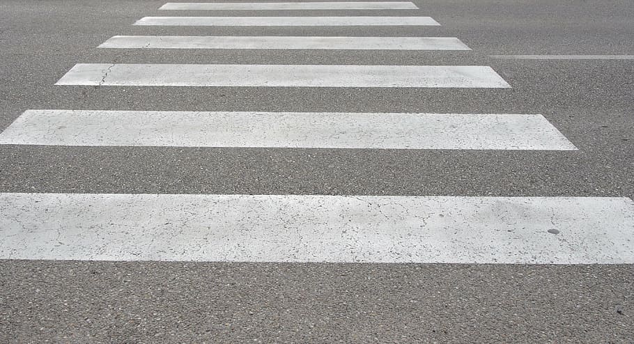 gray, white, pedestrian, lane, zebra crossing, in-street ped crossing, pedestrian crossing, white stripes, street, asphalt