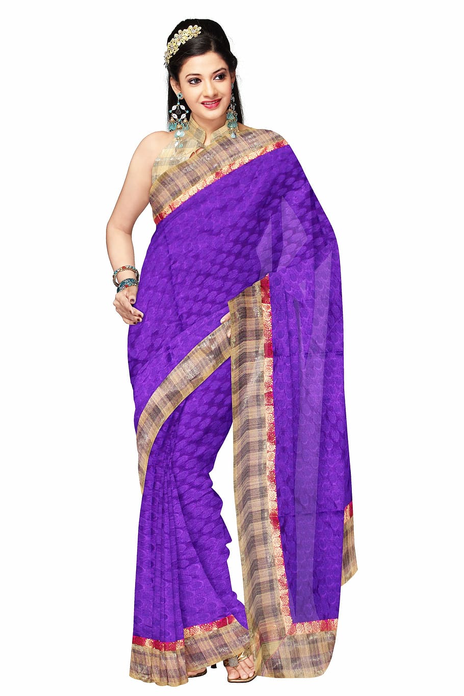 mujer, vistiendo, azul, marrón, salwar kameez, sari, moda, seda, vestido, modelo