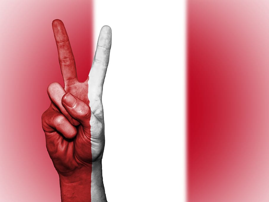 persona, signo de dedo de paz, Perú, paz, mano, nación, fondo, pancarta, colores, país