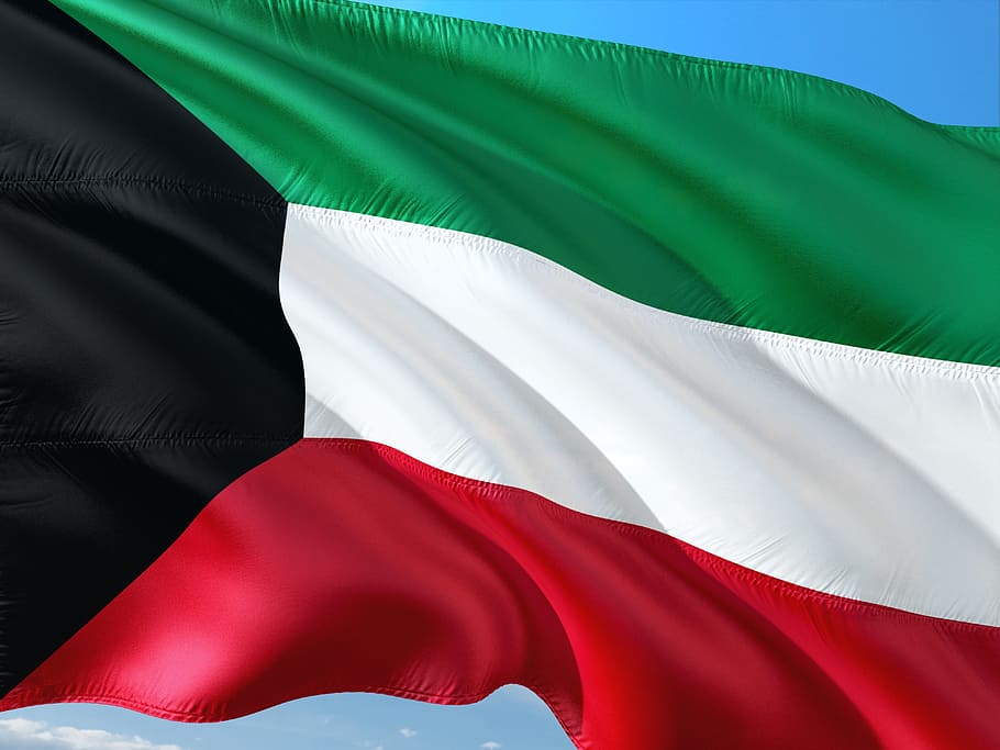 internasional, bendera, kuwait, emirat kuwait, timur tengah, tekstil, warna hijau, merah, pakaian, tidak ada orang