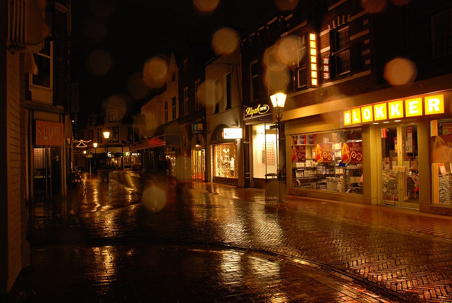 night, dark, lamp, saint nicholas, wet, rain, lighting, street, shop, illuminated