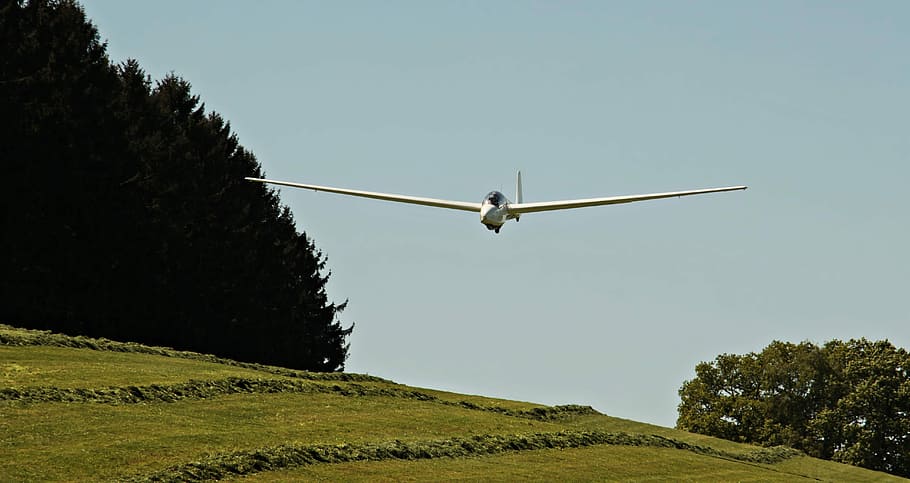 low, angle photo, white, plane, green, grass, glider, landing, glider pilot, air sports