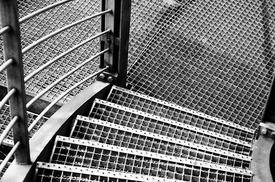 grayscale photo, stairs, metal, grid, gradually, railing, rise, staircase, stair step, steel grid