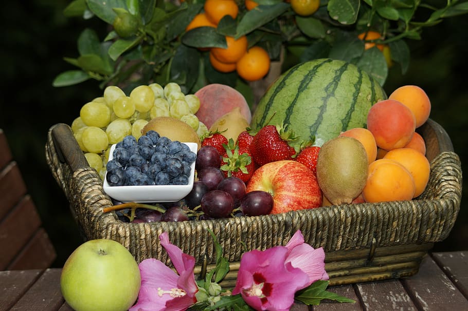 assorted, fruits, rectangular, brown, bamboo basket, wooden, surface, fruit, fruit basket, apricots