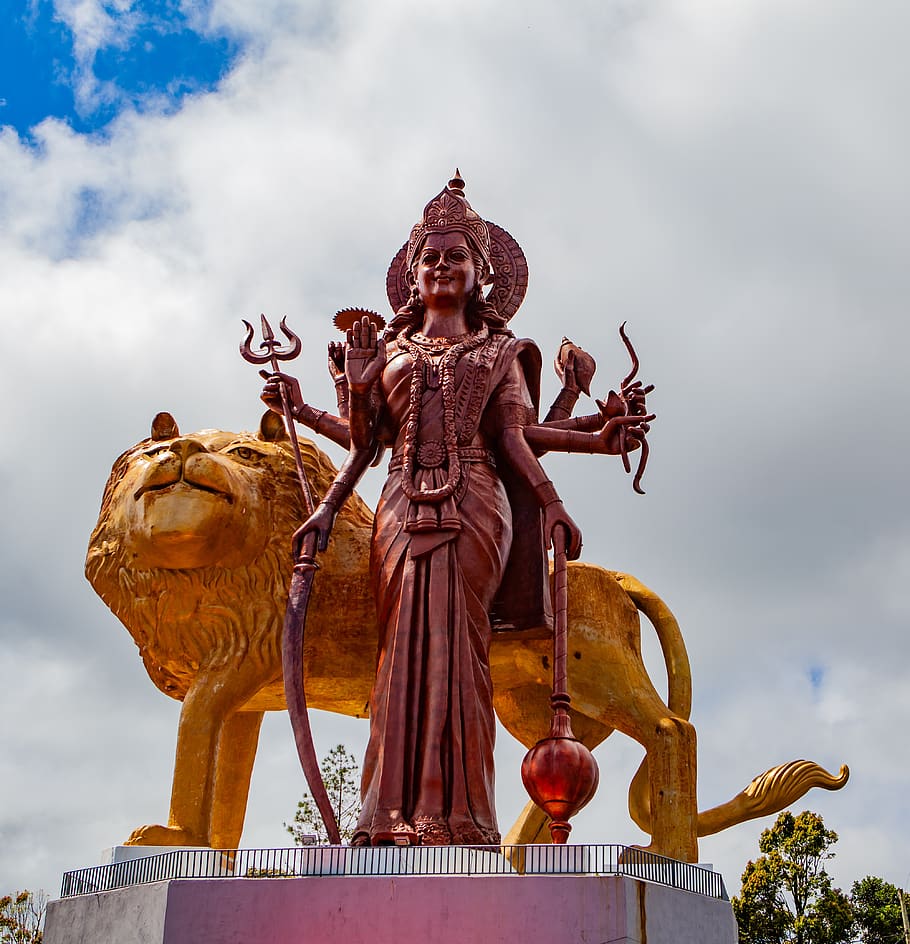 mangal mahadev durga maa statue, durga maa statue, hindu statue, mauritius, statue, lion, gold, hinduism, temple, faith