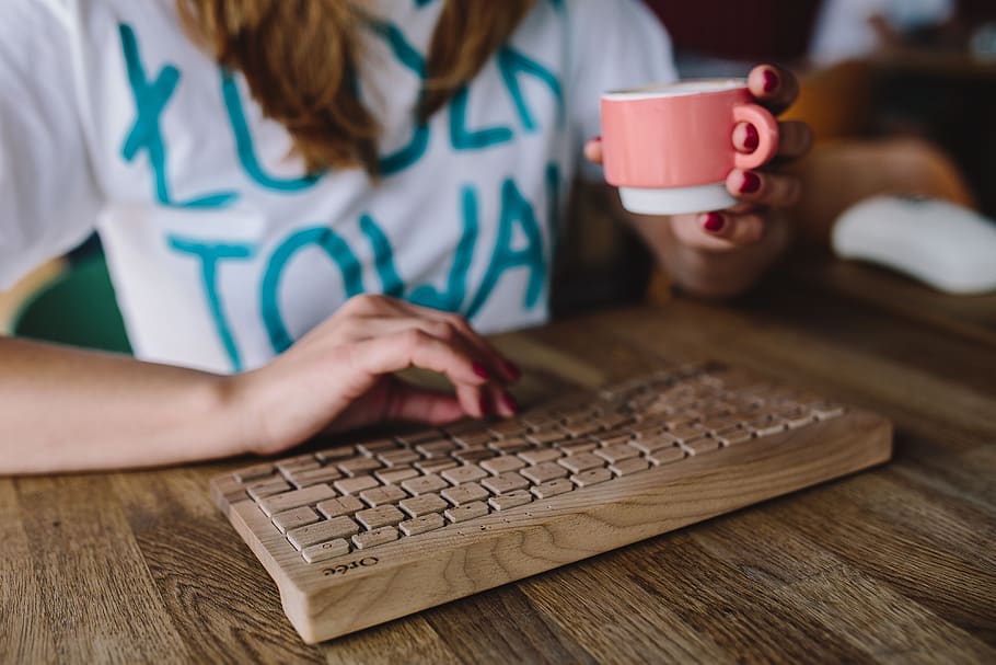 female, woman, workspace, workplace, keyboard, technology, typing, working, oree, wooden