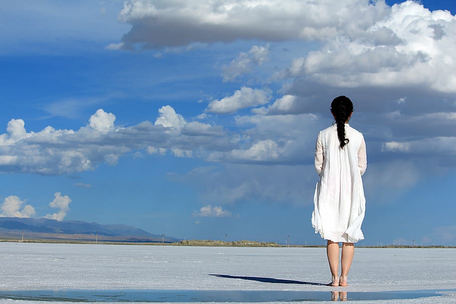woman, wearing, white, dress, standing, flat, surface, girls, blue sky, return