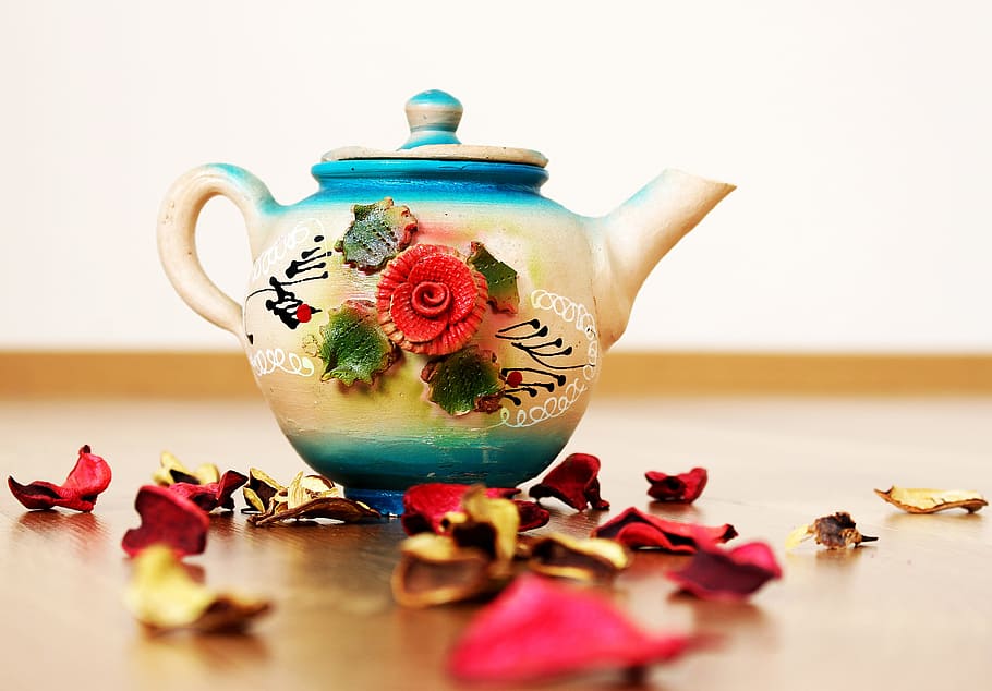 teapot, rose, flower, macro, ornament, indoors, hot drink, tea - hot drink, close-up, tea