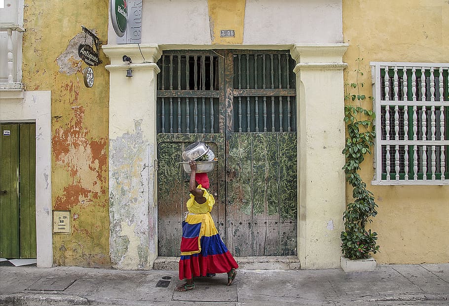 woman, wearing, yellow, blue, red, dress, colombia, indigenous, female, pedestrian